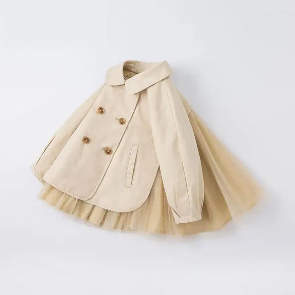 Jacken 2024 Herbst Mädchen Multi Mesh Fee Beige Doppel Single Button Trenchcoats Kleider