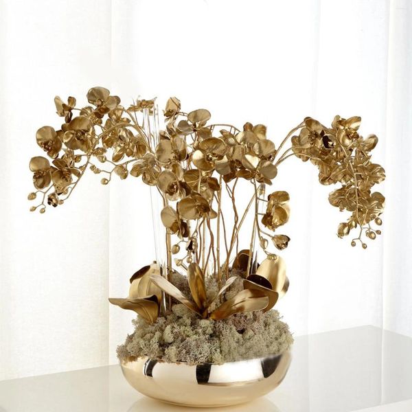 Flores decorativas 90cm simulação ouro orquídea artificial phalaenopsis ramo de flor plástico falso picaretas decorações de casamento festa de férias