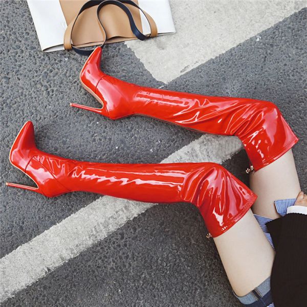 Stiefel rote weiße Oberschenkel hohe Stiefel Frauen sexy High Heels über die Kennscheine Stiefel weibliche Schuhe sexy spitze Zehen Winter Fetisch Stiefel große Größe