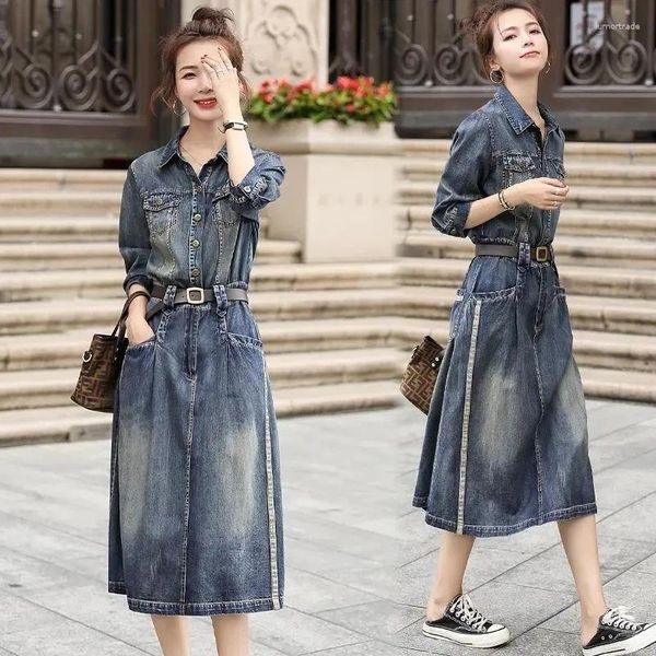 Abiti casual Abito in denim Primavera Autunno Stile di media lunghezza Temperamento Camicia Colletto a forma di A Jeans femminili Vesthios