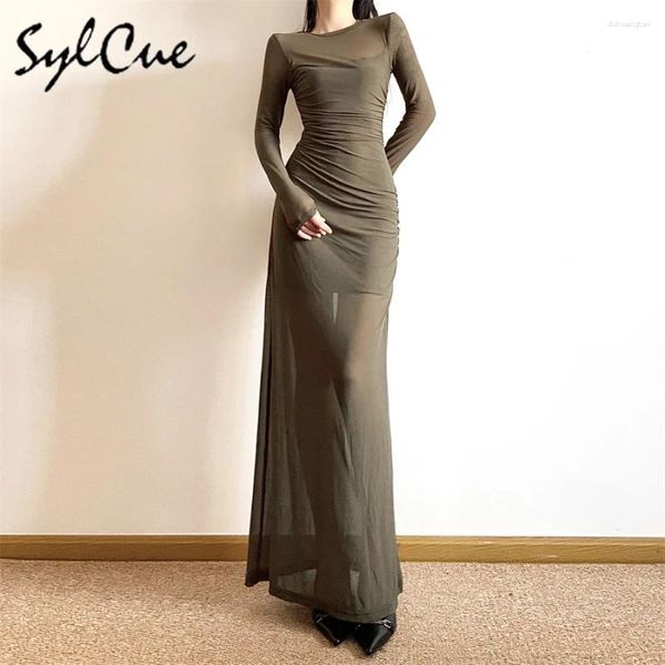 Vestidos casuais sylcue sexy cor sólida simples elegante maduro bonito leite feminino fino verão manga longa perspectiva vestido