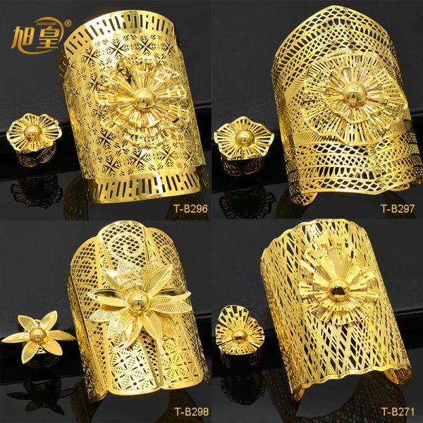 Armreifen Xuhuang Dubai Blume 24k plattiert Gold Schmuck Armreif mit Ring Indischer äthiopischer Luxus -Charme Kupfer Armbangles Accessoires für Frauen