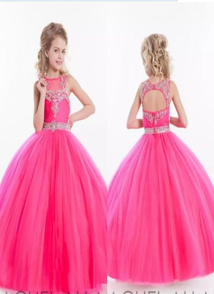 2019 New Bling Bling Rose Red Girs Abiti da spettacolo Bordare Cintura di cristallo Decorato Abiti da ballo per il compleanno del bambino Flower Girl Dres9618980