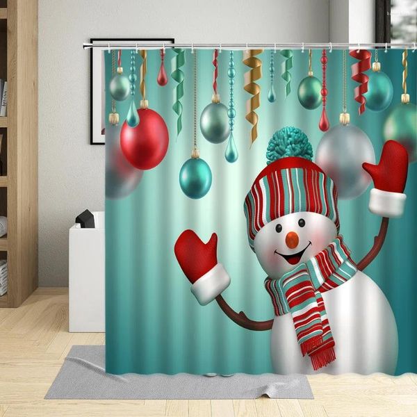 Tende da doccia Set di tende di buon Natale con gancio Pupazzo di neve 3D Decora palla Tessuto di poliestere da bagno con motivo verde