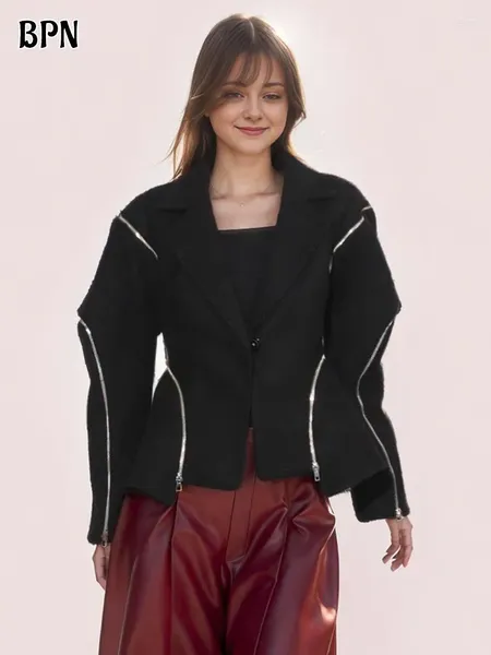 Damenjacken BPN Streetwear Patchwork Reißverschluss für Frauen Kerbkragen Langarm Spliced Button Chic Mäntel Weibliche Modekleidung
