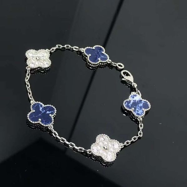 Vans Kleeblatt-Armband, hohe Version, 925er Silber, Glücksklee-Fünf-Blumen-Armband, doppelseitiger Delphinium-Volldiamant-Onyx-Schmuck mit Box