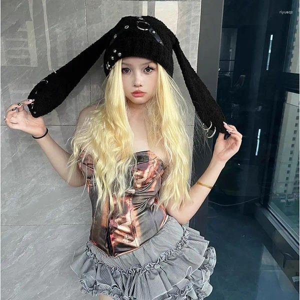 Beralar zincir serin şapka harajuku y2k Japon uzun kulak gotik punk metal siyah beanie şapkalar kadın sevimli sıcak