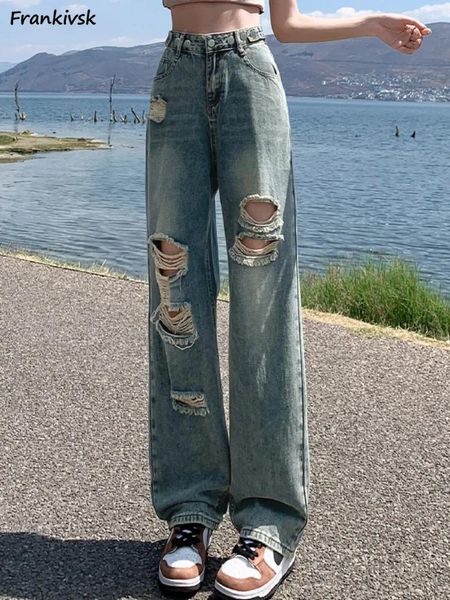 Damen-Jeans, Loch, für Damen, aushöhlen, Knopf, gebleicht, gerissen, in voller Länge, gerade, All-Match, High Street Fashion, lässig, Sommer, koreanischer Stil