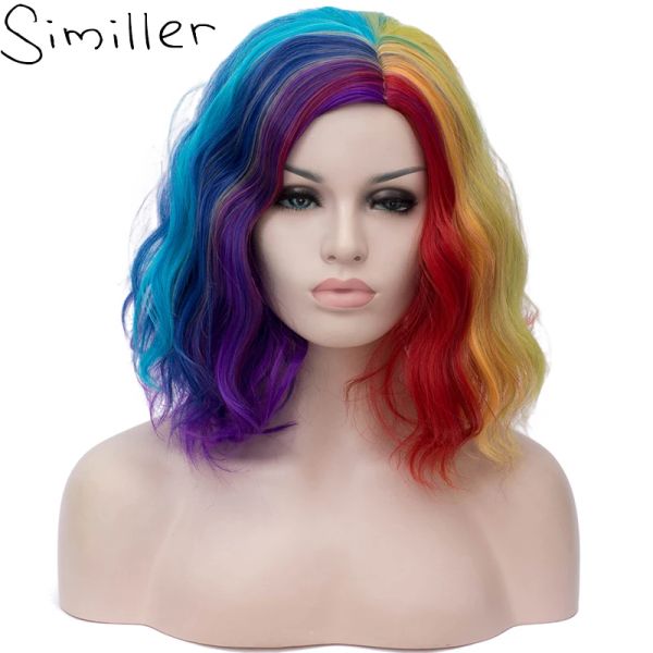 Perücken Similler Short Bob Curly Perücke für Frauen Cosplay Halloween Bunt Regenbogen Perücken Hitzebeständige Faser 3 Stile