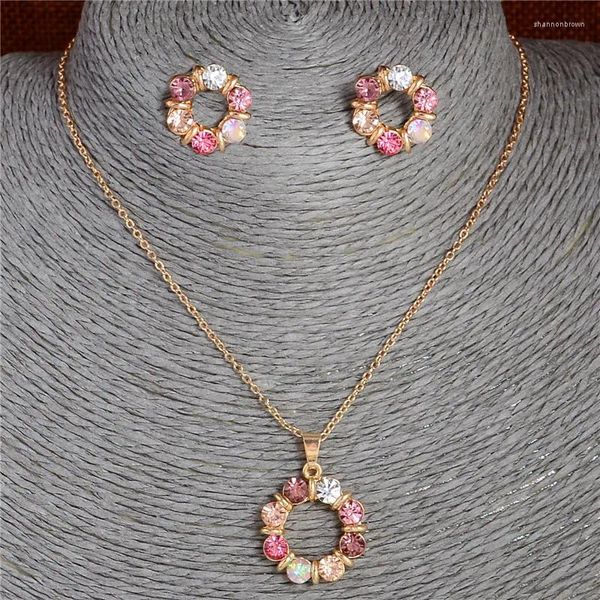 Set di orecchini per collana MINHIN speciale orecchino a bottone con pendente con strass rosa creato per ragazza, delicati gioielli da sposa color oro