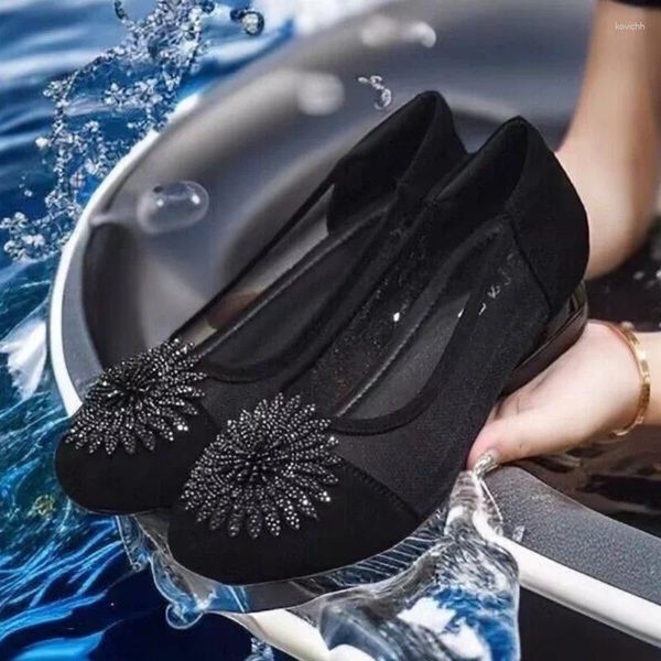 Sapatos casuais verão strass mãe senhoras estilo coreano cabeça redonda respirável apartamentos feminino deslizamento em mocassins sapatilha feminina