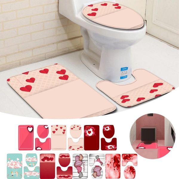 Teppiche, WC-Bezüge und Vorleger, Valentinstag-Badezimmer-Bodenmatte, 3-teiliges Set aus Memory-Schaum mit Liebesdesign
