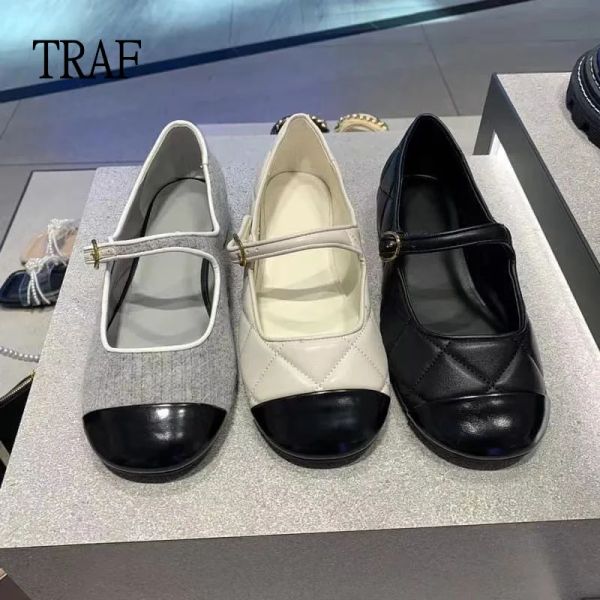Flats Traf Women Women Shoes planos 2022 Moda Rhombus Flat Mary Jane Sapatos Únicos Bloqueando Sapatos de Lady Elegantes