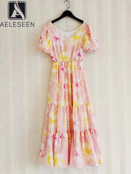 Vestidos de festa aeleseen 2024 verão vestido longo mulheres flores impressas vintage elegante cintura elástica puff manga rosa moda completa