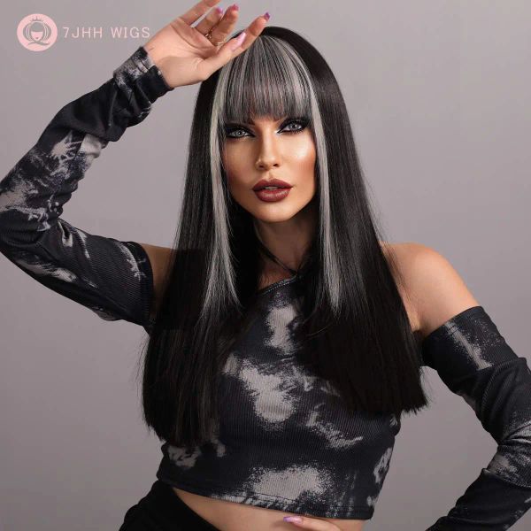 Wigs 7JHH парики длинный прямой черный парик для женщин Синтетические выделяют парики пепла с бормостойкой бордовой парик