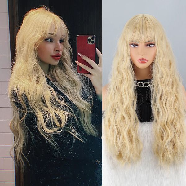 Perucas longas loiras onduladas em perucas sintéticas para mulheres, perucas de cabelo natural amarelo com franja resistente ao calor Cosplay lolita diariamente cabelos encaracolados