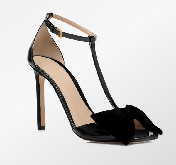 Marca superior feminina angelina sandálias sapatos placa de couro patente nu preto preto salto alto senhora vestido de festa gladiador sandalias EU35-43