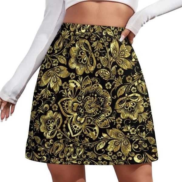 Röcke Shiny Gold Barock A-Linie Rock Schwarz Floral Damast Street Fashion Casual Frauen Kawaii Mini Print Skort Kleidung