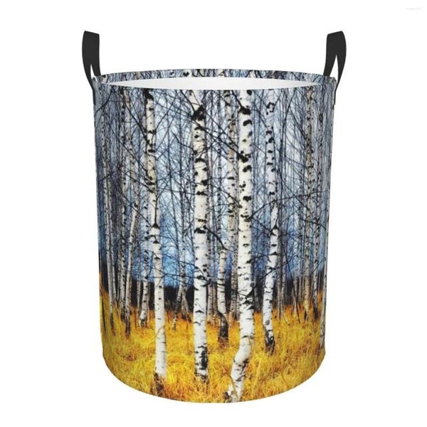 Sacos de lavanderia Birch Tree Forest Impresso Hamper com alça durável Cesta impermeável organizador circular para banheiro