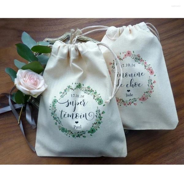 Envoltório de presente 10 pcs personalizar bolsa de testemunha de casamento primeiro nome e data personalizado floral despedida de solteira batismo comunhão favor sacos