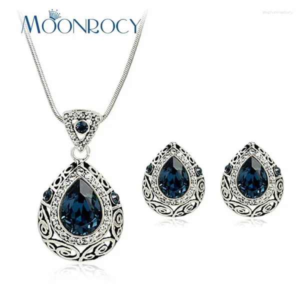 Collana con orecchini alla moda per donne e ragazze, vintage in cristallo blu CZ e regalo all'ingrosso di gioielli