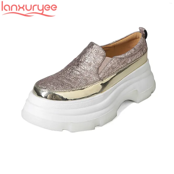 Sapatos casuais lanxuryee conforto pele de carneiro fundo grosso primavera deslizamento em mulher vulcanizada plataforma crescente tênis de marca concisa