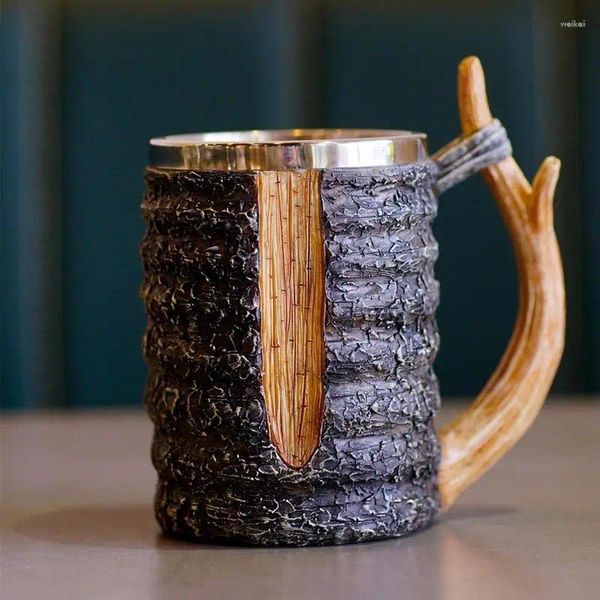Kupalar Reçine Kahve Kupa 20 oz Dekoratif Bira Tutamalı Restoran Paslanmaz Çelik Ahşap İçme Aksesuarları