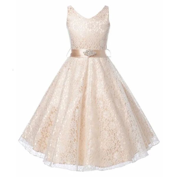 Novo vestido da menina de flor crianças vestido renda água diamante cinto crianças festa casamento empregada roupas 240402