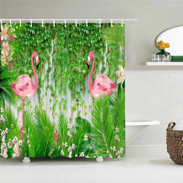 Tende da doccia Tenda impermeabile per bagno Piante tropicali Flamingo Bath Stampa Tessuto Decorazione schermo con 12 ganci