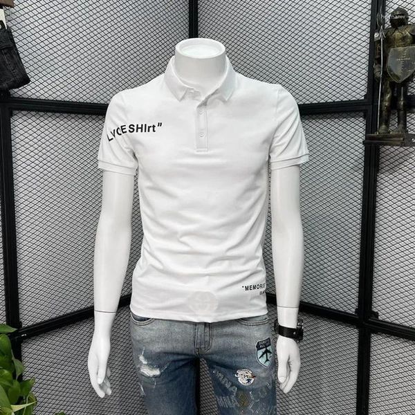 Polo da uomo Streetwear Abbigliamento da moto Alfabeto con colletto Magliette da uomo Top T-shirt polo nera Manica corta Chic