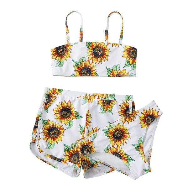 Set Kids Girl's Girl's 3 pezzi da bagno da bagno solare Sun Flower Bikini Set 2022 Big Big Girl Baming costume da bagno con pantaloncini 814 anni Bambini Swimwear