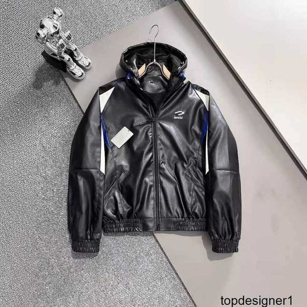 Designer B Home Paris Versione corretta Cappotto in pelle con cappuccio ricamato a contrasto per motocicletta 24ss di alta qualità per coppie LOJA