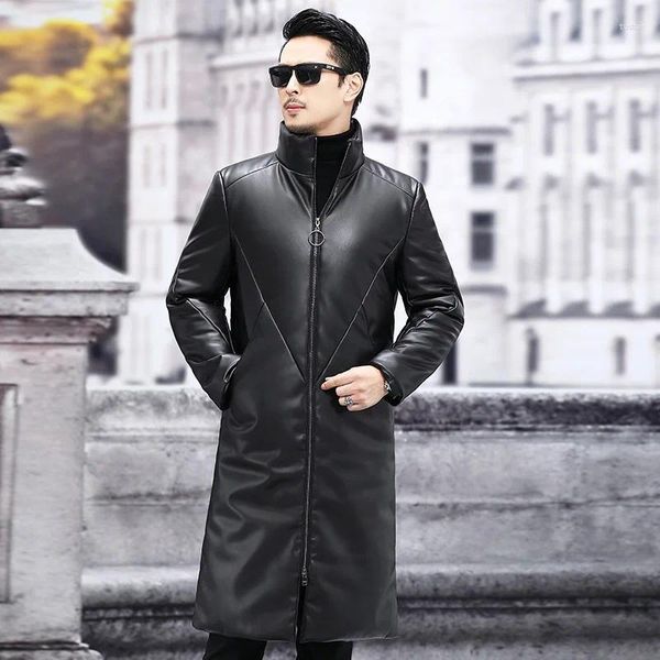 Ternos masculinos marca de inverno coreano plus size casacos de pele de carneiro masculino longo roupas de couro quente pato branco para baixo outwear jaquetas de moda