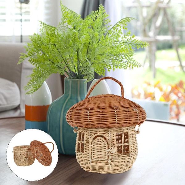 Bottiglie di stoccaggio Contenitore rotondo Coperchio Rattan Cestino per funghi Canna da tavolo 24X24X25CM Ornamento Madre