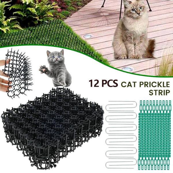 Transportadores de gatos 12 peças tapete de espinho jardim anti-gato repelente de cães protege plantas dispositivos de dissuasão para ambientes internos e externos casa