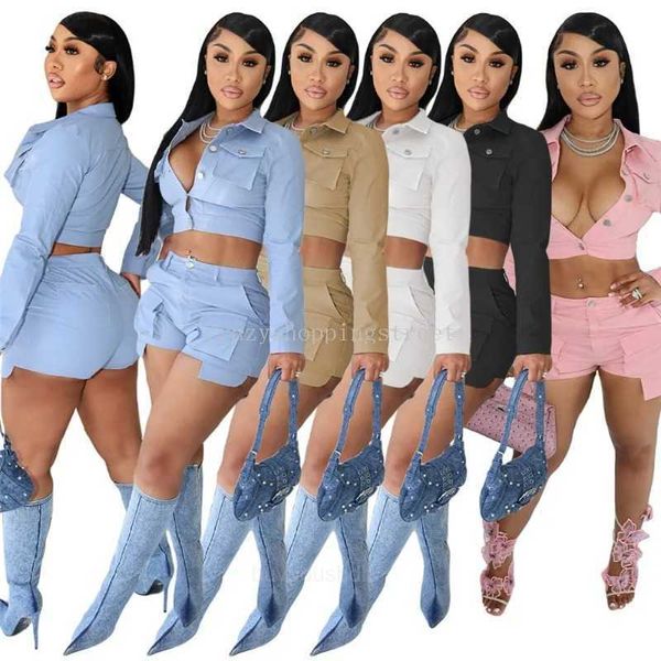 Designer outono tracksuits mulheres outfits dois conjuntos de peças jaqueta de manga longa e shorts com bolsos outono sólido esportes ternos itens a granel roupas por atacado