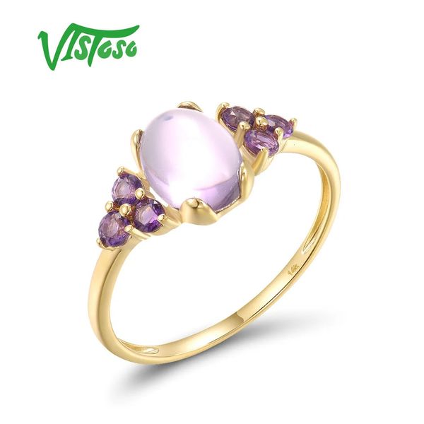 Vistoso 14K 585 Sarı Altın Yüzük Kadınlar İçin Gerçek Ametist Solitaire Pembe Nişan Düğün Narin Güzel Takı 240402