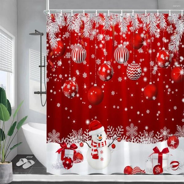 Chuveiro cortinas vermelho cortina de natal bonito boneco de neve prata pinho ramo bolas de natal flocos de neve ano decoração casa tecido banheiro