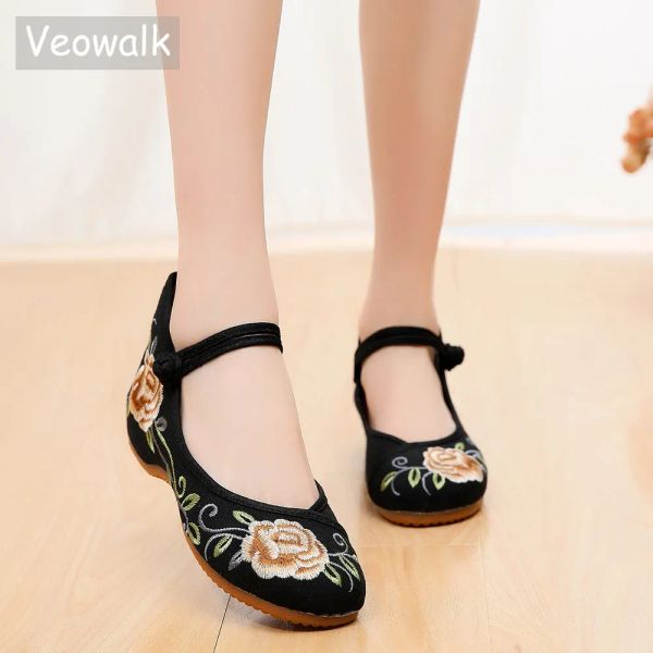 Flats Veowalk tornozelo feminina feminina bordada de balé, estilo chinês Ladies Casual Comfort Sapatos de caminhada Ballerinas de algodão