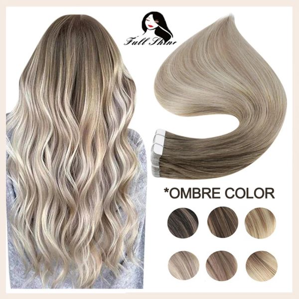 Extensões de cabelo humano com brilho completo, fita balayage em extensões de cabelo humano, trama de pele real, remy, cabelo humano, invisível, sem costura, ombre para mulheres