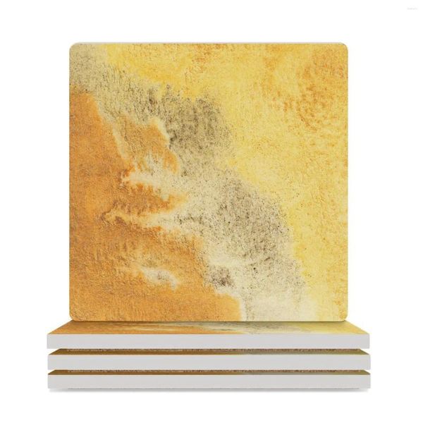 Sottobicchieri da tavolo giallo e arancione fumoso paesaggio desertico acquerello astratto sottobicchieri in ceramica (quadrato) set di piatti porta tazze da tè carino