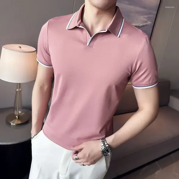 Polos masculinos 2024 chegada camisa polo sólida moda colarinho verão solto fino roupas casuais coreano masculino streetwear topos