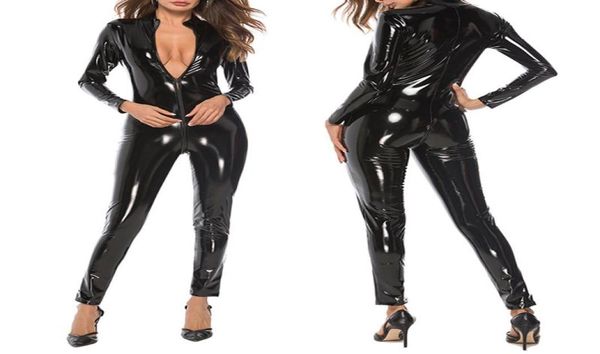 Duas peças Mulheres Mulheres PVC Leather Catsuit Zip Crotch Mumpsuith Bodysuit Clubwear Lingerie Clothes de sexo GDD998367452