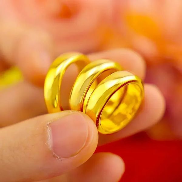 Anello in vero oro giallo 18 carati placcato puro 24 carati 999 24 carati con personalità liscia e liscia, in cerca di denaro, anello per coppia per uomini e donne, coppia 240401