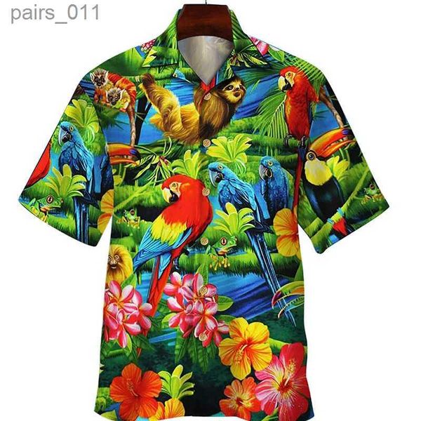 Camisas casuais masculinas Summer Floral Parrot 3D Camisa de impressão masculina Mulher Moda Camisas de peito de peito curto Camisas havaianas Blush Rouse