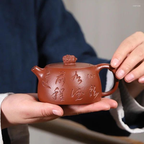 Set da tè autentico Yixing Zisha teiera carattere cinese intagliato maestro fatto a mano con carta certificato 7 fori per infusore