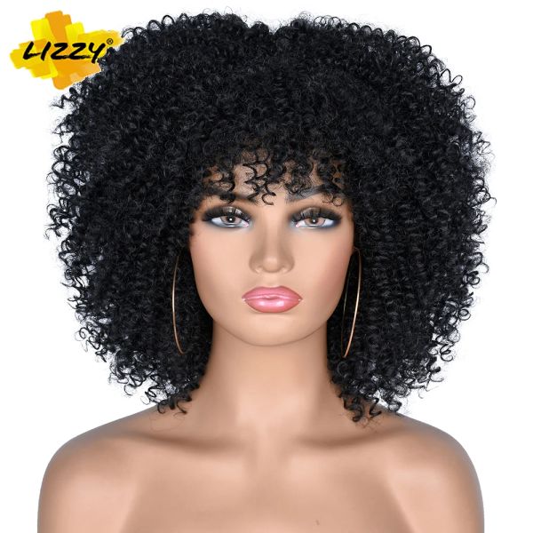 Perucas curtas afro perucas cacheadas para mulheres negras africanas sintéticas de cosplay peruca natural ombre natural peruca de cabelo encaracolado com franja lizzy