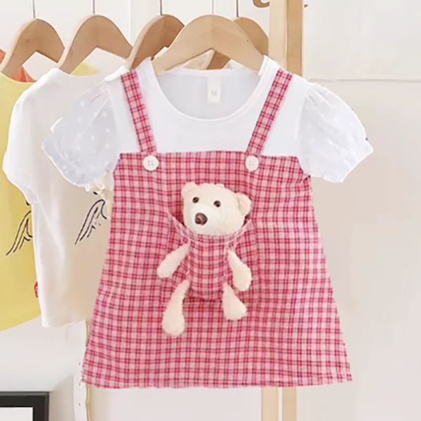 Vestido de menina de 0 a 4 anos com bolso de urso elegante vestido de princesa padrão liso conjunto pré-escolar manga curta roupas infantis regata A1160 240402