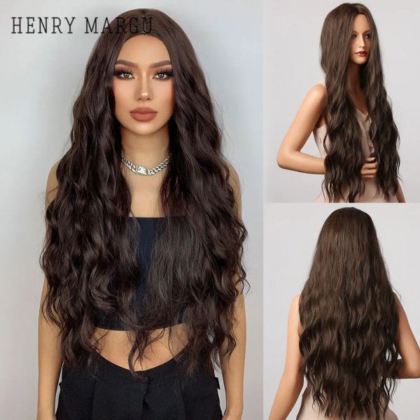 Parrucche Henry Margu Wigs marrone scuro parrucche lunghe parrucche a temperatura di capelli naturali ondulati sintetici per donne nere/bianche parrucche da cosplay quotidiano