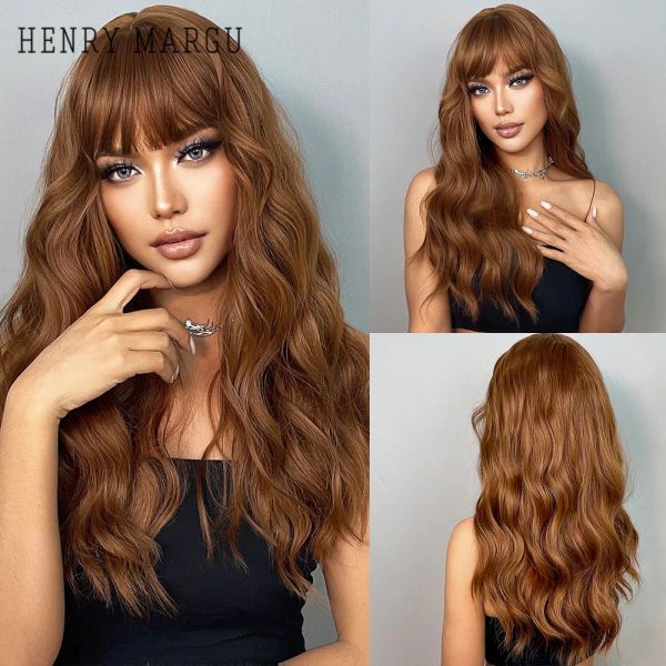 Perucas Henry Margu Long Wavy Auburn Red Wigs Synthetic com franja enlameado